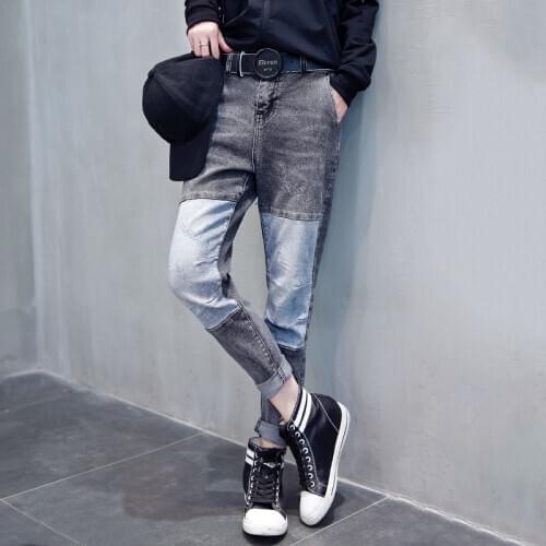 Womens Korean Jeans 2020 Autumn Stitching Trousers Vintage Patchwork Spliced Harlan Jeans Skinny Jeans Woman Distressed Jeans