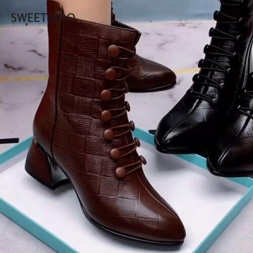 Retro womens leather boots new womens breasted thick-heeled plaid pattern thick-heel party dance shoes women