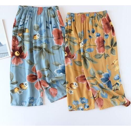 Women sleep bottoms summer cotton rayon cropped trousers elastic waist home pajamas pants ladies thin loose cartoon outwear new