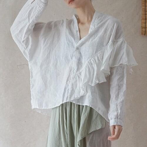 Johnature Women Vintage Patchwork Shirts And Tops Stand Long Sleeve Button Blouses 2021 Summer New Ramie Button Shirts