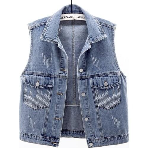 Vintage Blue Frayed Diamond Big Pocket Denim Vest Women Waistcoat Korean Casual Sleeveless Jacket Loose Short Jeans Vests Female