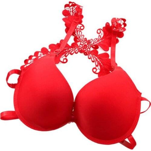 Women Sexy Lace Y-Line Strap Beauty Back Bra Front Buckle Push Up Seamless Gathered Smooth Brassiere