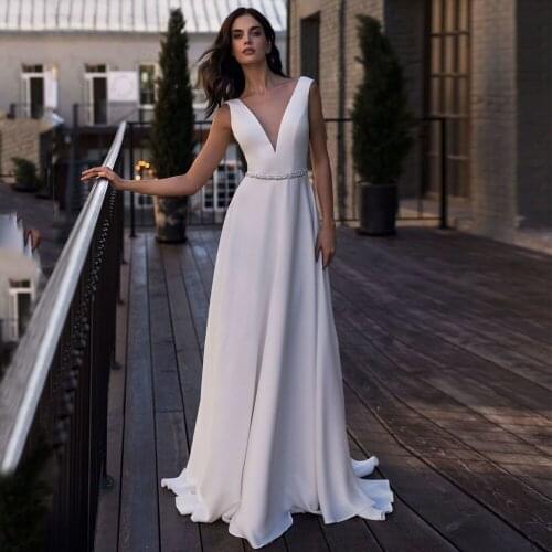 Modest Jersey A-Line Sweep Train V-Neck Sleeveless Wedding Dress 2021 Beading Backless Bridal Gowns Robe De Mariée
