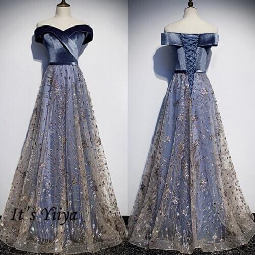 Its Yiiya Boat Neck Evening GownOff The Shoulder Blue Short Sleeve Evening Dress 2020 Sequined Plus Size Dress Woman Party K310