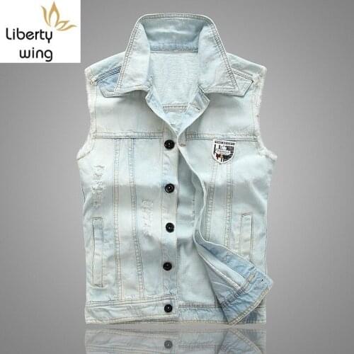 Mens Spring Summer Jackets Turn-down Collar Hole Ripped Jeans Vest Slim Fit Washed Waistcoat for Men Hip Hop Outwear Tops Male