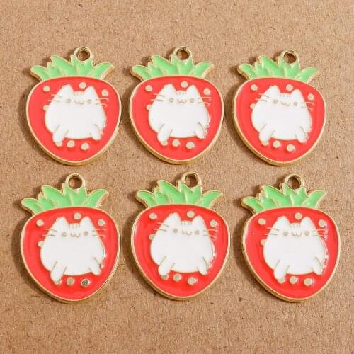 10pcs 19*25mm Alloy Enamel Strawberry Charms for Jewelry Making Cute Animal Cat Charms for Pendants Necklaces Earrings DIY Craft