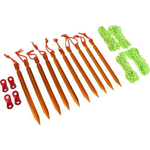 10 Pieces Tent Pegs Stakes & 4mm Reflective Guy Lines with Cord Tensioner Adjuster and Storage Pouch Set