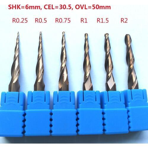 2pcs/lot R0.25/R0.5/R1/R1.5/R2x30.5xD6x50 shank 6mm solid carbide tapered endmills CNC engraving milling cutters