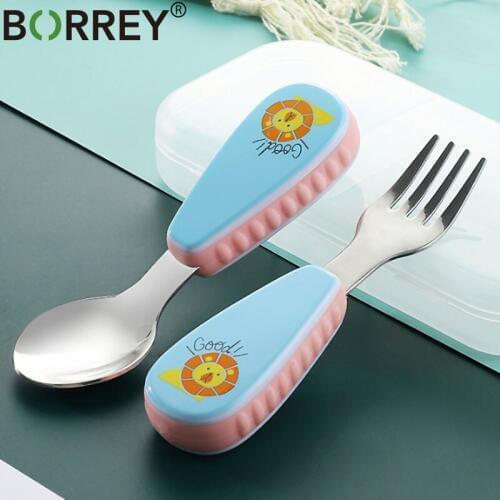 BORREY Stainless Steel Cutlery Kids Cutipol Cutlery Set Portable Student Cutlery Plastic Handle Cartoon Divided Tableware Child