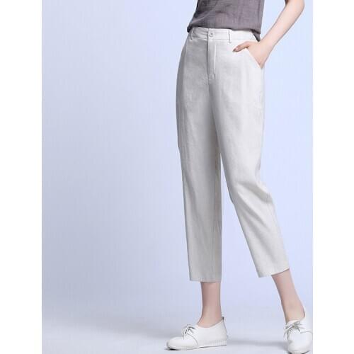 Pants Women 55% Linen Blended Mid Waist Pockets Solid Calf-length Pants Simple Design Plus Sizes Casual Pant New Fashion