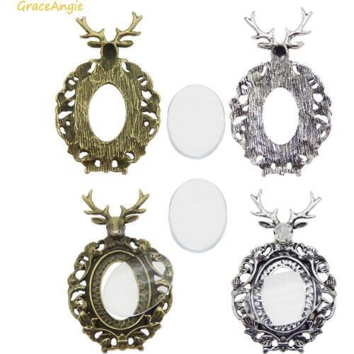 GraceAngie 3sets/pack Antique Zinc Alloy mixed Elk Setting Blank Tray Pendant with Glass Cover animal Cabochon Inner 25*18mm