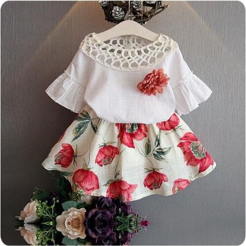 Girls Clothing Sets 2019 Summer Flower T-shirt +Chiffion Skirt Two-piece Children Sets Casual Fashion Girls Clothes Suit Skirt