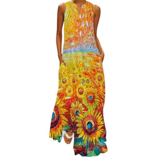 Summer Women Dress Retro Print V-neck Sleeveless Elegant Dresses Plus Size A-Line Loose Maxi Dress Beach Party