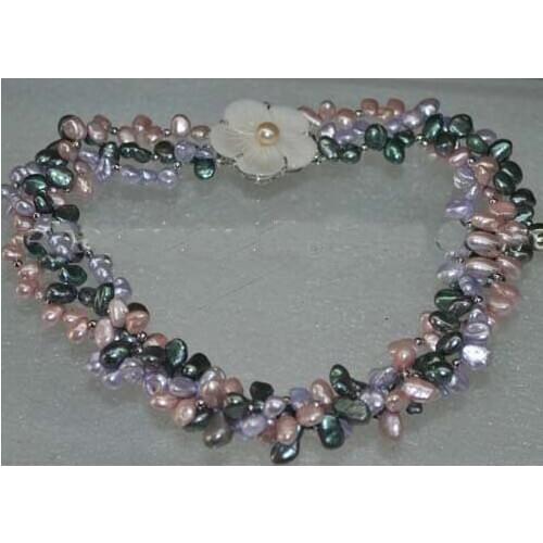 Luck Pearl Jewelry Store 45cm 8-13mm 3 Strands Multicolor Baroque Freshwater Pearl Necklace Nice Shell Flower Clasp Women Gift