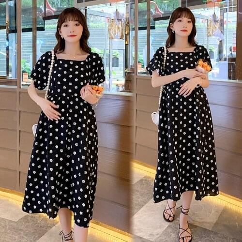 Sweet Summer Korean Fashion Printed Chiffon Maternity Long Dress Elegant Lovely A Line Clothes for Pregnant Women Pregnancy