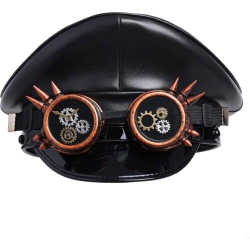 Fashion Leather Black Germany Officer Visor Cap Army Hat Glasses Cortical Military Hat Police Cap Cosplay Hat