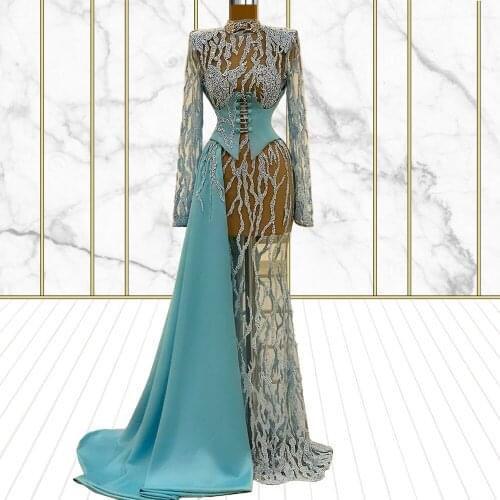 Fashion Turquoise Color Semi-see though Celebrity Dress 2021 High Neck Full Sleeves Birthday Party Gown Suknie Wieczorowe