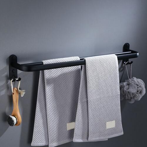 Behogar Double Bar Matte Aluminum Alloy Towel Holder Rack with 2 Hooks Wall Mounted for Bathroom Kitchen Office Black