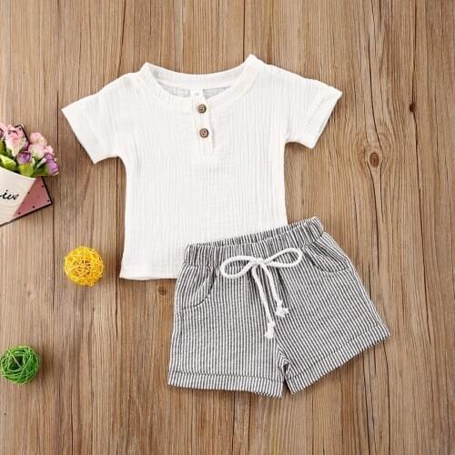 Pudcoco Newborn Baby Girl Clothes Solid Color Short Sleeve Cotton Tops Striped Short Pants 2Pcs Outfits Comfortable Clothes Set