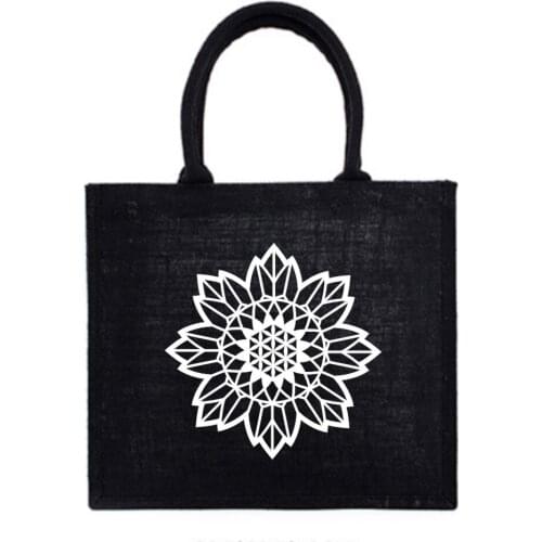 Personalized Flower Of Life Shopping Tote Bag Reusable Market Bag Black and White Sacred Geometry Flower of Life Beach Tote Bag
