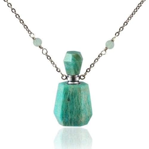 1PC Natural Amazonite Stone Pendants Women Perfume Bottle Stainless Chain Essential Oil Diffuser bottle pendant Stone Jewelry