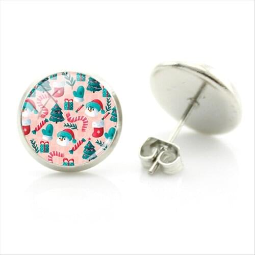 JWEIJIAO For Christmas Round Stud Earrings Art Pattern Stockings Santa Claus Snowmen Glass Cabochon Dome Jewelry Gifts