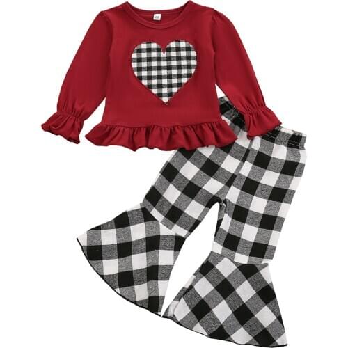 Infant Kids Baby Girls Long Sleeves Shirt+ Plaid Long Flared Pants, Ruffle Decoration Peach Heart Pattern Spring Clothing 1-6Y