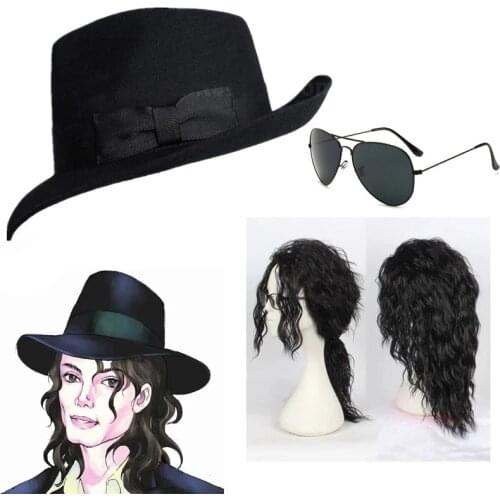 High quality wool hat wool 1: 1 Michael Jackson concert dance hats classic black wide hat with jazz brim knight hats With wig