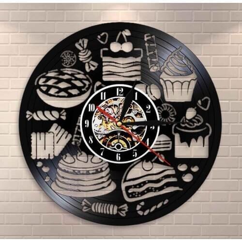 Bakery Sign Wall Decor Pastry Vinyl Record Wall ClockBread Sweets Cupcake Wall Art Clock Confectionery Kitchen Decorative Watch