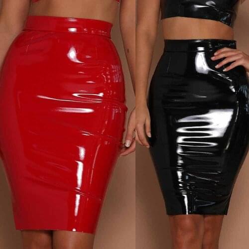 2021 Office Slim Women Leather Sexy Bodycon Pencil Short Skirt Elastic High Waist Patent Skirts Shiny Party Clothes Mujer