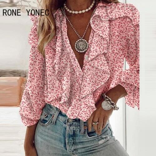Women Shirt Elegant Floral Print Ruffles Long Sleeve Shirt Women Blouse Tops