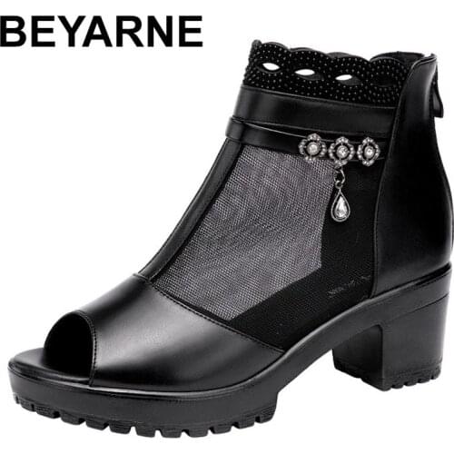 BEYARNEFashion Rhinestone Peep Toe Woman Shoe Summer 2021 Platform WomenS Mesh Sandals Ladies Wedge Heel Sandals Female Shoes