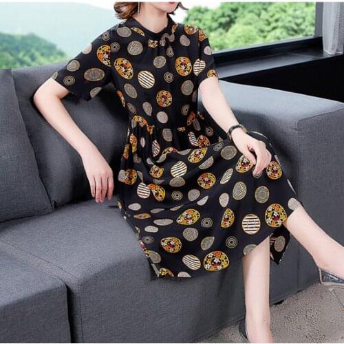 Vintage Print Floral Dresses Women Summer Casual Short Sleeve Soft Imitate Silk Dress Female Elegant O-Neck Plus Size Dresses