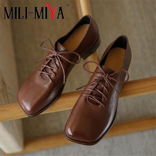 MILI-MIYA Retro Design Lace Up Women Sheep Skin Pumps Low Thick Heels Square Toe Casual Street Ladies Shoes Spring Autumn
