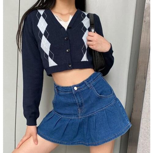 2021 Womens New Knitted Sweater Cardigan Spring Fall Casual Plaid Pattern Long Sleeve V-neck Crop Tops S/M/L