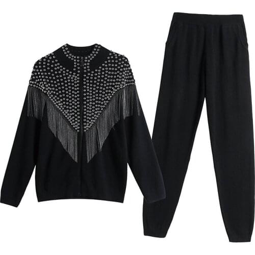 2019 Winter Nail bead Tassel Sweater Set Runway women Long Sleeve Knitted Tops+Trousers Tracksuit women Fashion Two piece set