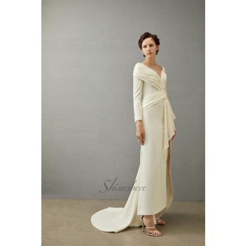 Jusere bridal dress V-neck long sleeves wedding dress split up backless A-line simple bridal gown with train