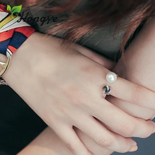 Hongye Girls Vintage Pearl Ring Simplicity Knot Adjustable Real Silver 925 Ring Women Natural Gemstone Jewelry Birthday Gifts