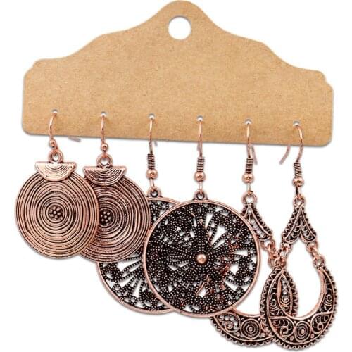 3Pairs Boho Gypsy Women Feather Round Hollow Dangle Hook Earrings Party Jewelry