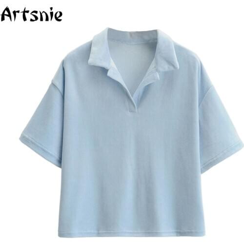 Artsnie Summer 2021 Velvet T Shirt Women Turn Down Collar Short Sleeve Tops Femme Blue Casual Ladies Oversized T-shirts Mujer