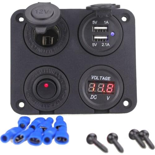 4 In 1 12V 3.1A Car Charger Dual USB Charger Voltmeter Cigarette Lighter ON-OFF Switch Panel Socket for Vehicles Car Boat Truck