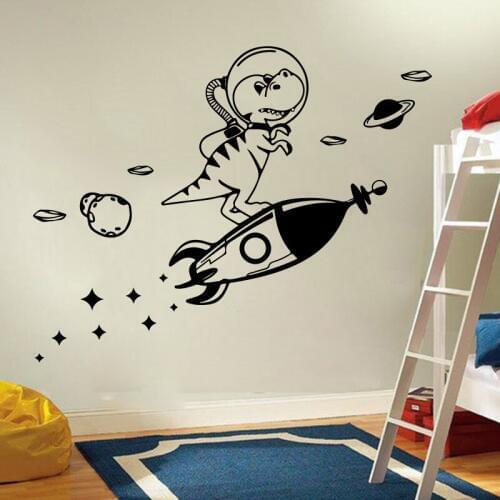 Large Dinosaur Astronomy Outer Space Rocket Star Wall Sticker Boy Room Kids Room Cartoon Dino Animal Wall Decal Bedroom Vinyl