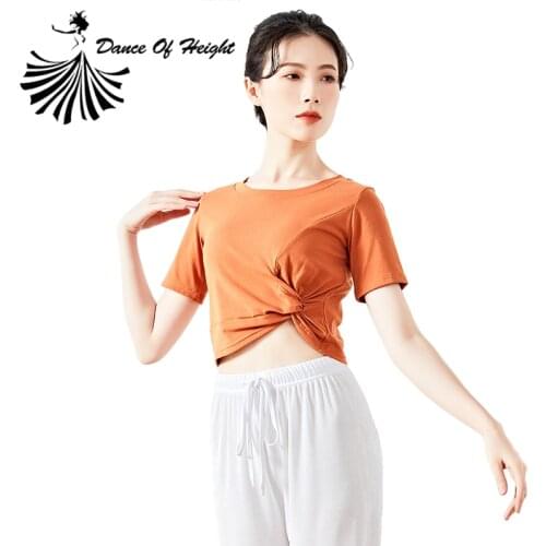 New Modern Dance Practice Clothes Adult Latin Dance Cropped Top Round Neck Short Sleeve Front Piece Side Twisted Flower T-Shirt