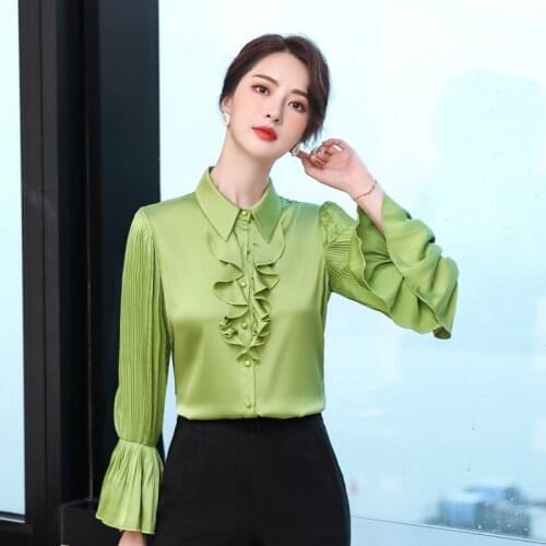 IZICFLY New Autumn Spring Yellow Flare Sleeve Appliques Floral Women Shirt Slim Office Elegant Fashion Korean Blouse Work Wear
