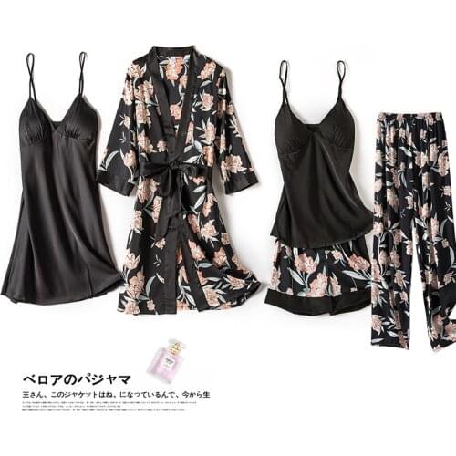 Fashion Women Pajamas Sets Black Satin Floral Print Sleepwear 5 Pieces Nightwear Pyjama Strap Pajama With Chest Pads