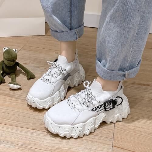 Fashion Ladies Socks Dad Shoes Lace-up Sneakers Women White Round Toe Rubber Platform Shoes Women Vulcanized Shoes Woman Spring