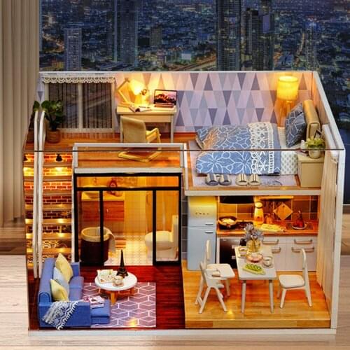 DIY Dollhouse Wooden Doll Houses Miniature Doll House 3D DIY Miniature Light Blue Room Dollhouse Assembling Kids Toy Room Decor