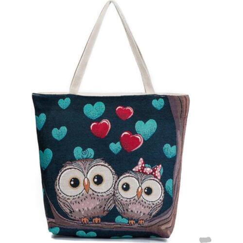 M495 Cartoon Owl Printed Shoulder Bag Women Large Capacity Female Shopping Bag Canvas Handbag Summer Beach Bag Ladies