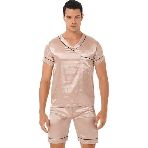 Men Satin Pajama Set Loungewear Homewear Sleepwear Nightwear V Neck Short Sleeve T-Shirt With Elastic Waist Shorts