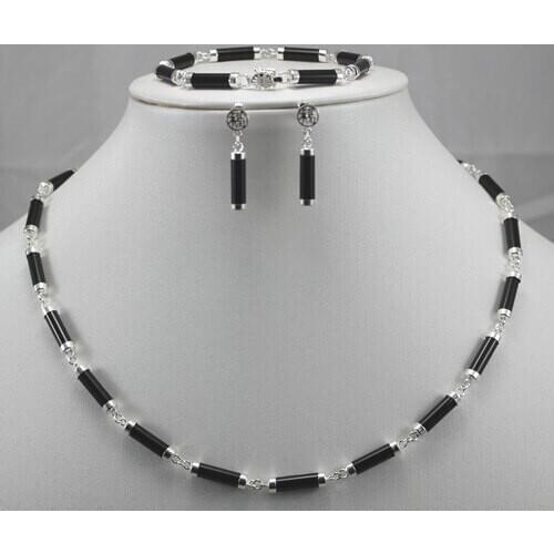 Black Agates 925 Sterling Silver Earring Bracelet Necklace Set